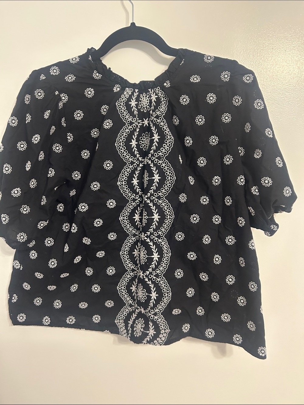 LOFT Black Peasant Blouse with White Embroidered Trim
